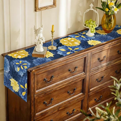 Blue Yellow Dahlia Flower Summer Table Runner Blue Yellow Gray Burlap Table - Image 2