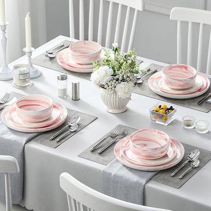 MALACASA Plates and Bowls Sets, 12 Pieces Porcelain Dinnerware Sets Dishware Sets Chip Resistant Ceramic Dish Set Dining Dinner Ware Service for 4, Marble Pink, Series LUNA