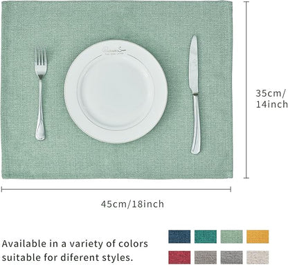 BALCONY & FALCON Placemats Set of 6 Faux Linen Cloth Place Mats Washable Waterproof Wrinkle Resistant Table Placemats for Dining Kitchen Farmhouse Indoor & Outdoor Use(Celadon Green, 13.8”x 17.7”
