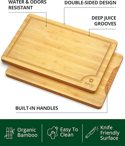 ROYAL CRAFT WOOD Wooden Cutting Boards for Kitchen Meal Prep & Serving - Bamboo Wood Serving Board with Deep Juice Groove Side Handles - Charcuterie & Chopping Butcher Block for Meat