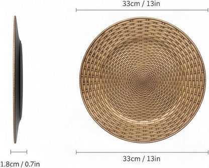 13 Inch Antique Gold Charger Plates Set of 6 Round Plastic Plates Matte Finish Faux Rattan Woven Texture Charger plates for Wedding Party Christmas (262)