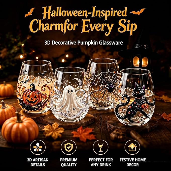 3D Halloween Artisan Glassware Collection, Handleless Glass Cups - Image 2