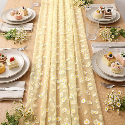 4 Pcs Yellow Daisy Table Runners 29 x 70 Inch Daisy Tulle Lace Table Runner - Image 3