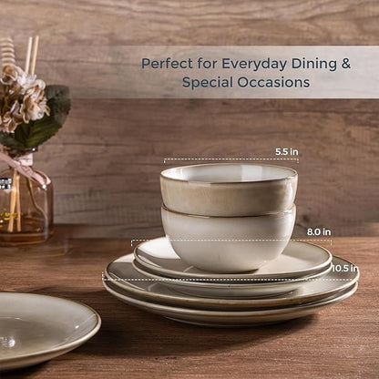 AmorArc Ceramic Dinnerware Sets for 4, 12 Pieces Handpainted Stoneware Plates and Bowls Set, Scratch Resistant Dishes Set, Dishwasher & Microwave Safe, Cappuccino