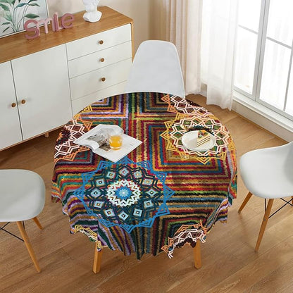 Laeacco 60 Inch Colorful Patchwork Round Tablecloth Woven Flowers Geometric Abstract Art Print Table Cloth Washable Waterproof Wrinkle Free Table Cover for Kitchen Dining Picnic Party Decoration