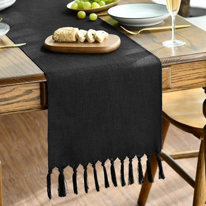 Artoid Mode Black Tassel Table Runner, Halloween Linen Blend Rustic Farmhouse by ArtoidMode