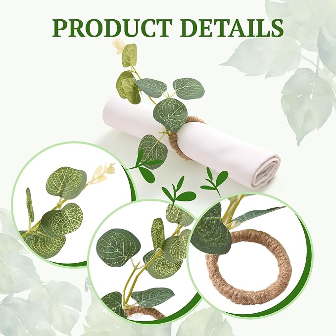 APTWOW Spring Napkin Rings Set of 12, Boho Eucalyptus Leaf Napkins Rings - Image 4