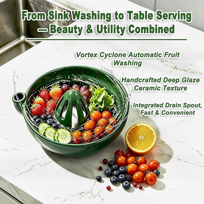 Ceramic Berry Washing Bowl Automatic Self-Spinning Fruit Vegetable Washer - Image 6