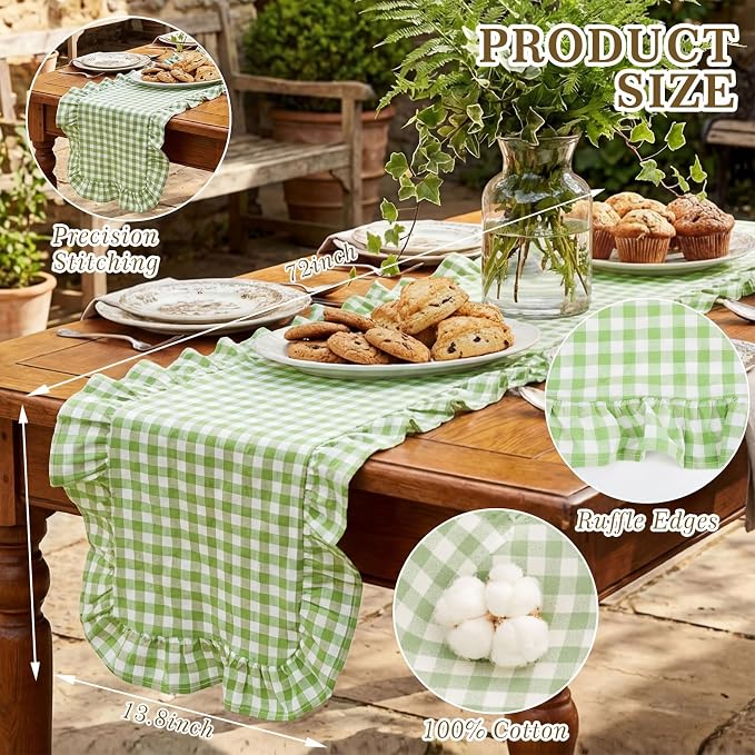 HunnmingRe 1 Pc Gingham Table Runner Light Green, 72 X 13.8 Inch | Cotton - Image 2