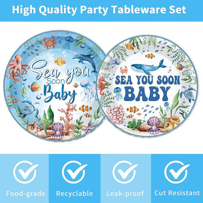 96 Pcs Sea You Soon Baby Shower Decorations, Ocean Theme Plates Napkins Forks - Image 3