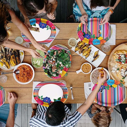 50Pcs Mexican Fiesta Party Plates 10" x 12" Large Disposable 400 GSM Heavy Duty Mexican Floral Stripes Oval Paper Plates Cinco De Mayo Decorations for Baby Shower Mexico Taco Party Supplies