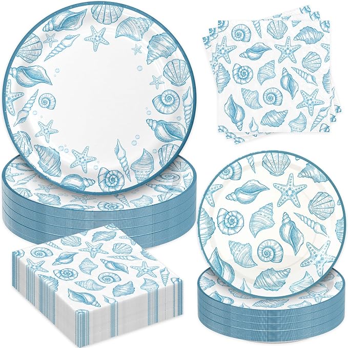180Pcs Blue Seashell Starfish Coral Plates and Napkins Set, Serves 60 | by Osonm