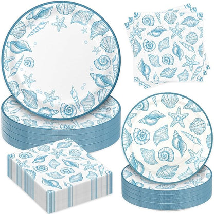 180Pcs Blue Seashell Starfish Coral Plates and Napkins Set, Serves 60 | by Osonm