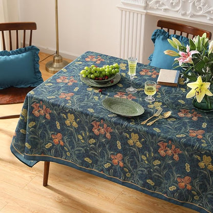 patdrea Designer Dark Blue Linen Rectangle Tablecloth,Vintage French Rustic Floral Pattern Tablecloths,Decorative Table Cover Cloth for Kitchen,Dining,Tea Party,Home,Christmas,55"*71"