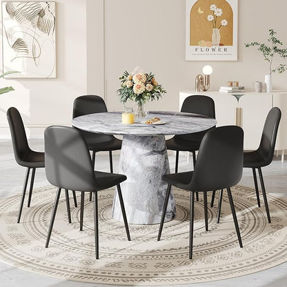 Round Dining Table Set for 6, 45" Modern Faux Marble Kitchen Table and Upholstered Chairs, 7 Piece Circle Dinner Set for Dining Room, Kitchen (Marble Gray Set)
