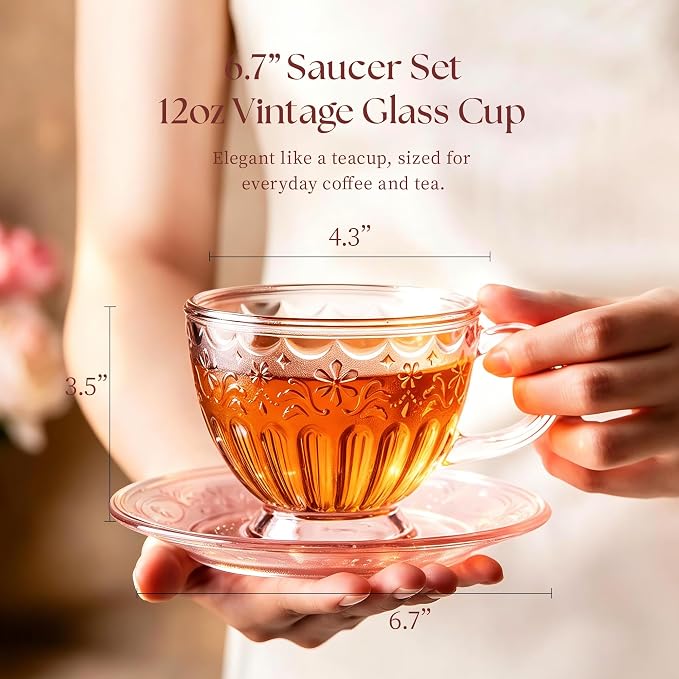 Vintage Glass Tea Cup and Saucer Set, 12 oz Large Coffee Cup | Handcrafted - Image 4