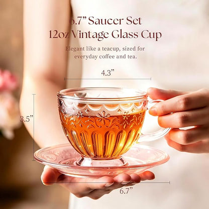 Vintage Glass Tea Cup and Saucer Set, 12 oz Large Coffee Cup | Handcrafted - Image 4