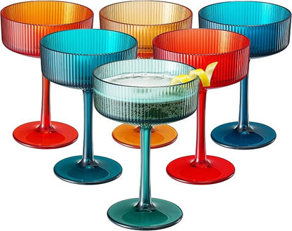 Khen Retro Acrylic Ribbed Glasses, 10oz Multicolor Shatterproof Stemware Coupe - Image 9