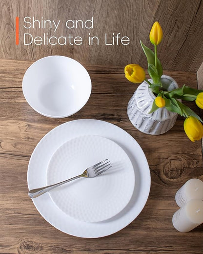 Dinnerware Sets for 4, Light & Durable 12 Pieces Opal Glass Plates and Bowls Set, Dishwasher and Microwave Safe Dish Dinning Ware, Thin but Strong Geometric Faceted White
