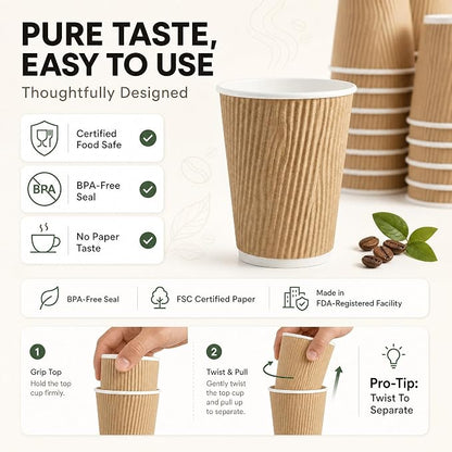 NYHI 150 10 oz Ripple Kraft Paper Cups Brown Hot Cold Cups 3 Layer Rippled - Image 7