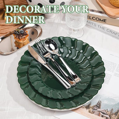 Lullaby 60PCS Green Scalloped Plastic Plates, Disposable Plates - Image 4