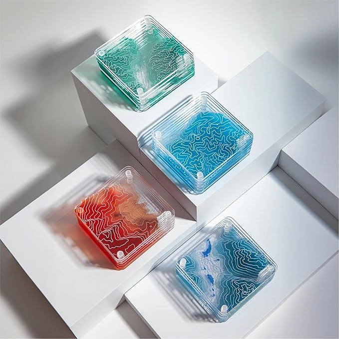 Deer Valley, UT 3D Contour Map Glass Drink Coasters of Mountains, Ski Resort, Set of 6 with Holder, Housewarming Birthday Gifts, Home Decor
