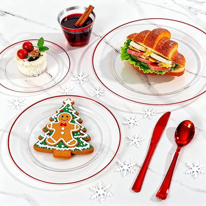 SUT 350 Pcs Red and Clear Plastic Dinnerware Set for 50 Guests, Include: 50 Dinner Plates, 50 Dessert Plates, 50 Pre Rolled Napkins With Silverware, 50 Cups, Disposable Plates for Party