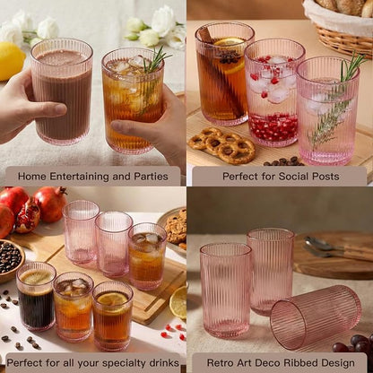 Pink Ribbed Highball Glasses Set of 6, 13.2oz Pink Colored Glassware, Drinking - Image 4