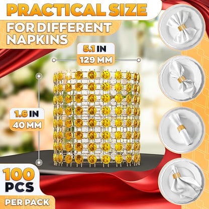 Set of 100 Gold Napkin Rings – Valentine Rhinestone Napkin Ring Holders for Weddings, Parties, Fall Events & Valentine Table Decorations | Durable & Reusable, Great as Elegant Kitchen Gifts for Hosts