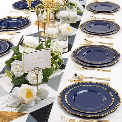 Hioasis 60pcs Blue Plastic Plates - Blue and Gold Disposable Dinnerware with Gold Rim, Heavy-duty, 7.5 inch, Dessert Plates for Party & Christmas
