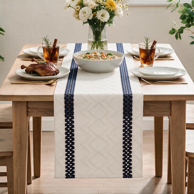 Artoid Mode Dark Blue Stripe Woven Rustic Table Runner 12x36 Inch | Holiday - Image 2