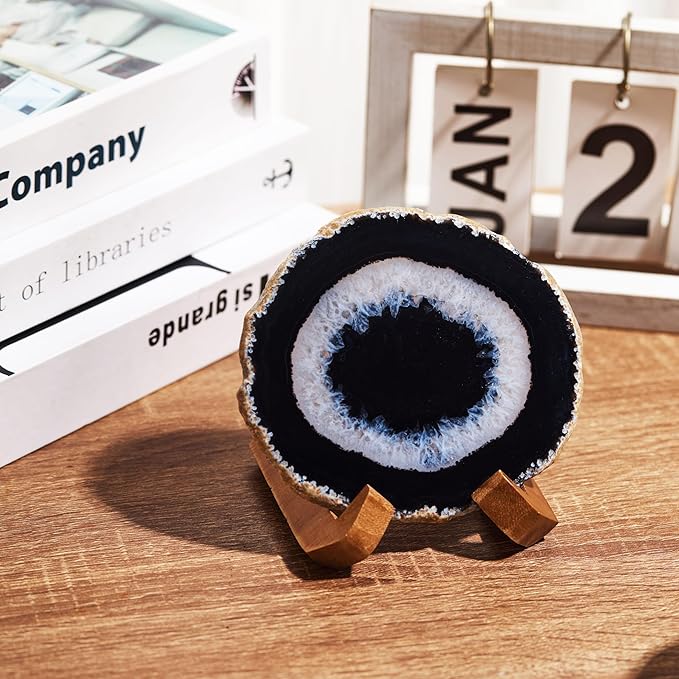 Luxury Lane Large Natural Brazilian Agate Slice Geode Rock Stone Drink Coaster with Wood Holder 4.7-5.5 inch Centerpiece Table Decoration, Black Space