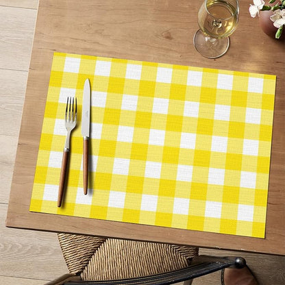 Artoid Mode Buffalo Plaid Vinyl Placemats Set of 4, 12x18 Inch Washable Non-Slip Heat Resistant Plastic Place Mats for Party Dining Table, Yellow/White