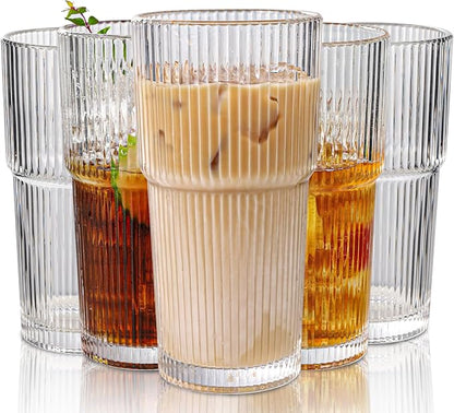 Set of 6 Oversize Ribbed Glassware, 20oz Vintage Clear Glass Tumbler, Large by WeirdUncle