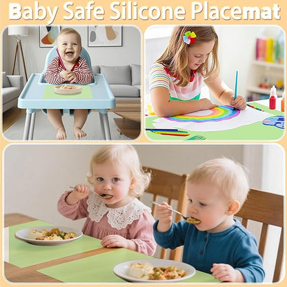 Silicone Placemat Set of 4,Heat Resistant Non-Slip Silicone Mat for Dining Table and Kitchen,Waterproof Wipeable Easy Clean Table Mat 15.8"x11.8" Ultra-Thin Semi-Transparent (Bright Green)