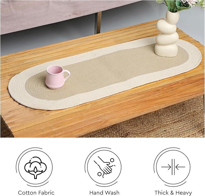 Encasa XO Dining Table Runner, Handmade Ribbed Cotton 12"x36" Beige & Off White - Image 4