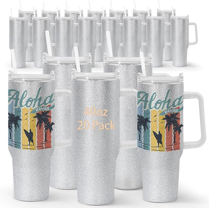 40oz Sublimation Tumblers with Handle Lid Straw 20 Pack Stainless Steel Insulated Tumblers Blanks Water Bottle Travel Cups for Party Home Driving Office