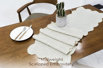 100% Natural Linen Rustic Scalloped Embroidery Table Runner 90 Inches Long - Image 3