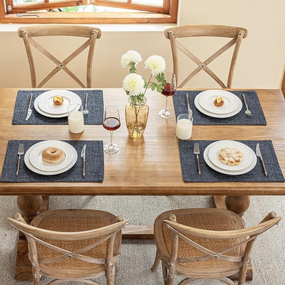 Blue Forest Placemats Set of 6, Dual-Layered Thickened Faux Linen Cloth Place Mats Heat Resistant Machine Washable Wrinkle Free Table Mats Indoor/Outdoor (Dark Grey)