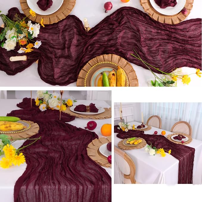 Snowkingdom 6PCS 10 Ft Burgundy Red Cheesecloth Table Runner, 120inch Long - Image 4