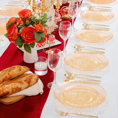 Rubtlamp 60Pcs Orange Plastic Plates, Orange Disposable Plates With Gold Rim, Hammered Plastic Plates Include 30 Dessert Platos, 30 Dinner Platos for Party
