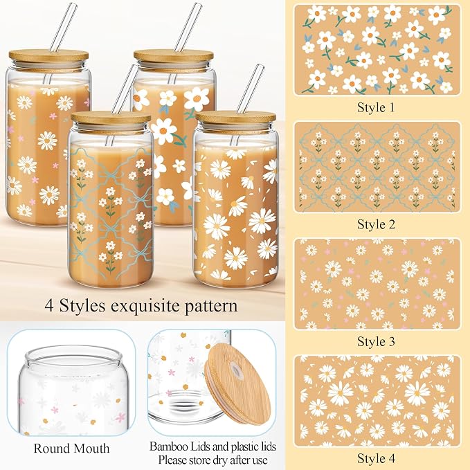 Mumufy 4 Pack Wildflower Glass Cups Gift Aesthetic Cute Glass Cup Tumbler - Image 3