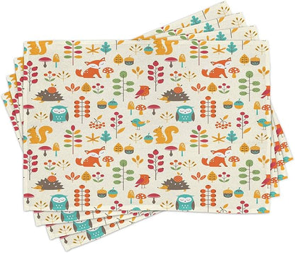 Ambesonne Cartoon Place Mats Set of 4, Autumn Pattern Owl Fox Squirrel Birds Animal Leaves Print, Washable Fabric Placemats for Dining Table, Standard Size, Cream Orange