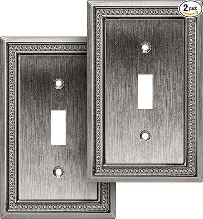 Henne Bery Sunken Pearls Heavy Duty Decorative Wall Plate Switch Plate Outlet Cover (Single Toggle, 2 Pack, Heirloom Silver)