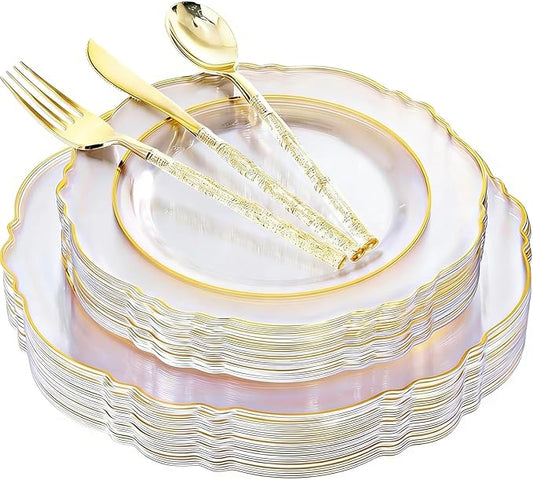 Liacere 150PCS Clear Gold Plastic Plates - Disposable Plastic Silverware with Glitter Bamboo Handle Cutlery-Baroque Clear Gold Disposable Plates for Wedding & Party & Thanksgiving &Fall Decor