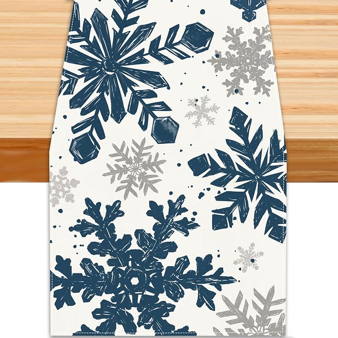 Blue Christmas Winter Table Runner, Xmas Dinning Decor | Sliver Snowflakes by Unknown