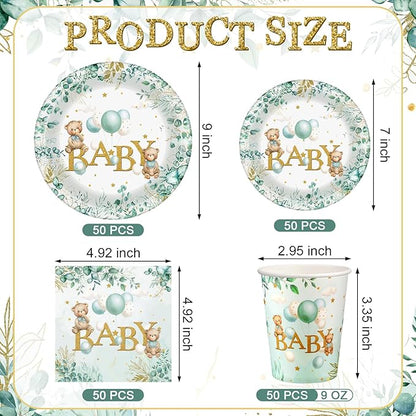 200 Pieces Party Supplies Tableware Set Patterns Printed Plates Napkins Cups Table Decorations for Baby Shower Birthday Party (Bear)