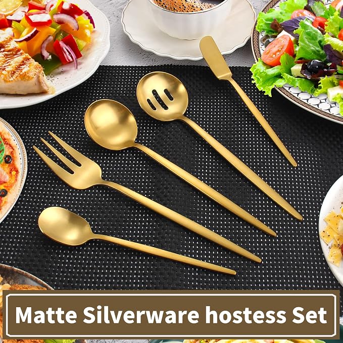 VANVRO Matte Gold Serving Silverware Set, 5-Piece Round Shared Utensils Set of - Image 5