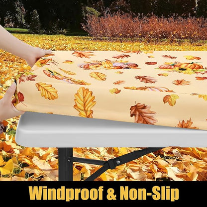 Smiry Rectangle Thanksgiving Table Cloth, Waterproof Elastic Fitted Tablecloths for 8 Foot Tables, Washable Polyester Table Cover for Autumn Harvest Parties (Pumpkin Sunflower, 30"x96")