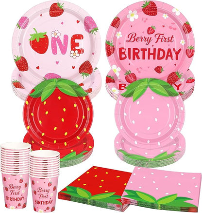 Kochorie 96 Pieces Berry First Birthday Decor Disposable Strawberry Tableware by Kochorie